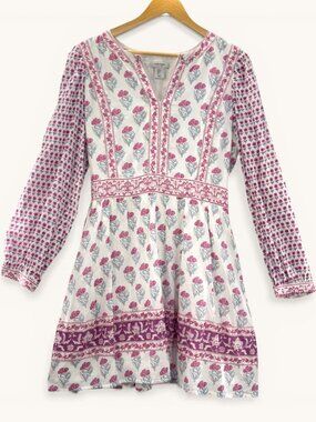 Haute Hippie Floral Mini Dress S Boho Cotton Pink Blue Empire Waist Peasant